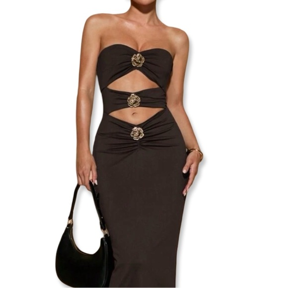 Brown Cut Out Strapless Maxi Dress with Gold Flower Hardware Details | BRAND NEW - Picture 4 of 6